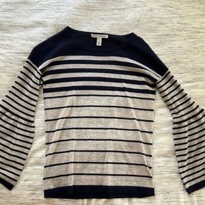 Autumn Cashmere blue and grey striped sweater with bell sleeves